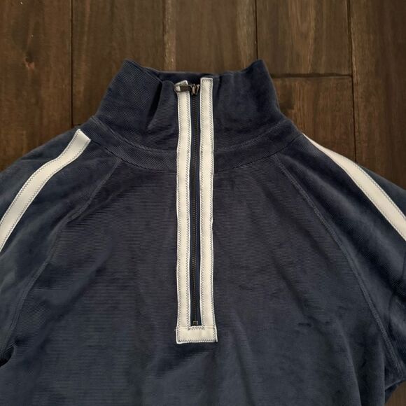 Vintage Havana Blue and White Retro Cropped Mock Neck Half Zip Pullover M - Picture 2 of 6